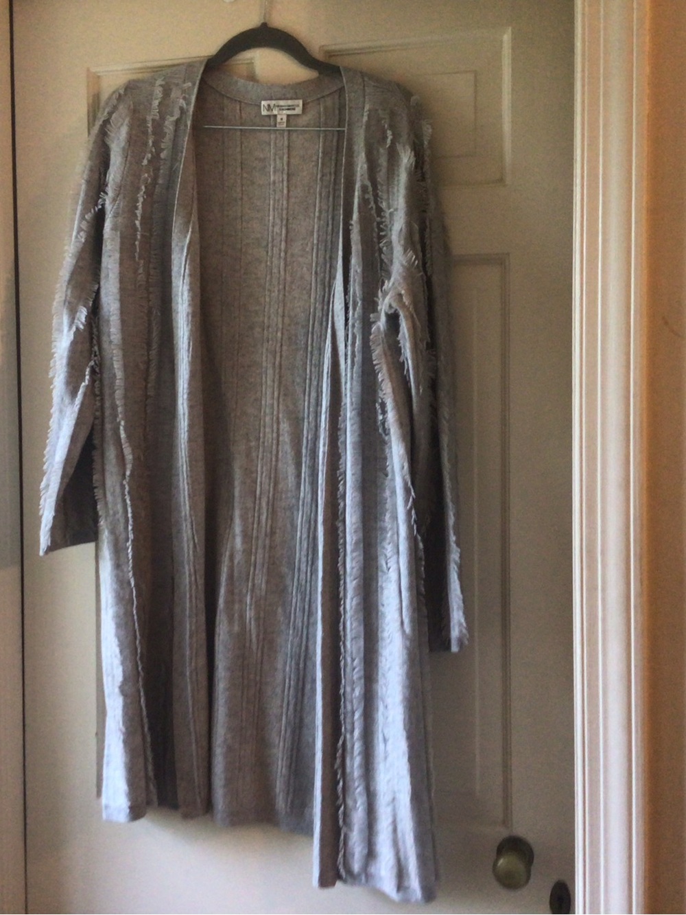 Neiman Marcus Long Open-Front Fringe Trim Cardigan in Light Gray